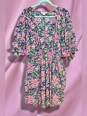 One The Land Contemporary Pink Multi Floral V-Neck Tiered Mini Dress size Large